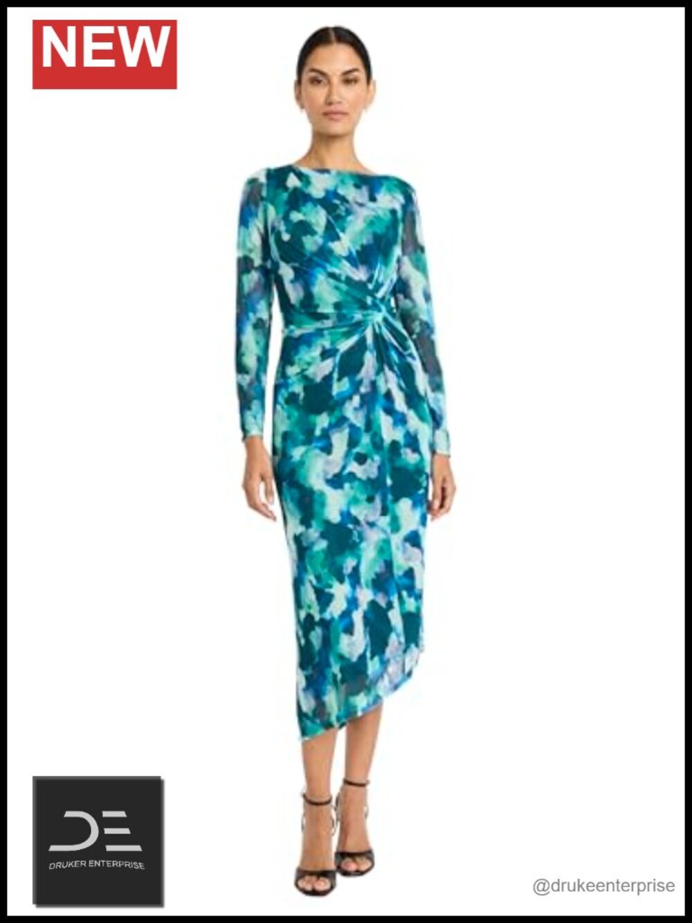 Modern side ruched boat neck asymmetrical hem long sleeve midi dress